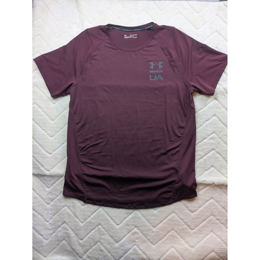 Under Armour Mens 2XL HeatGear Fitted Short Sleeve Shirt Burgundy Maroon UA Logo